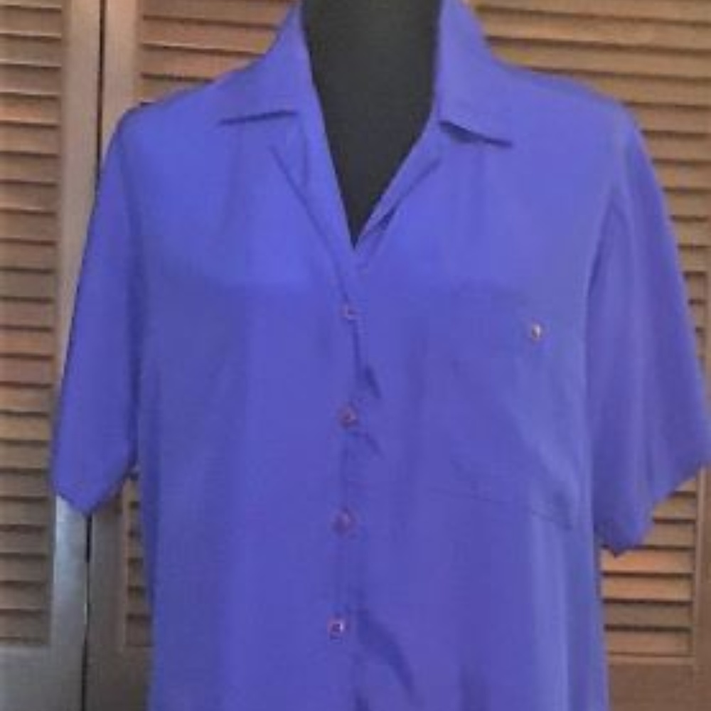 Blue Short Sleeve Faux Silk Blouse